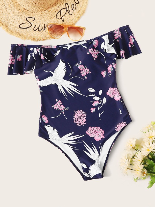 

Floral Random Print Off The Shoulder One Piece Swimwear, Navy
