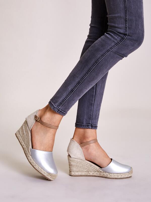 

Metallic Ankle Strap Espadrille Wedges, Silver