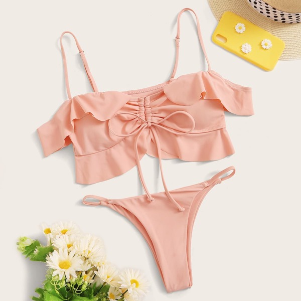 

Ruffle Trim Top With Thong Bikini Set, Pink pastel