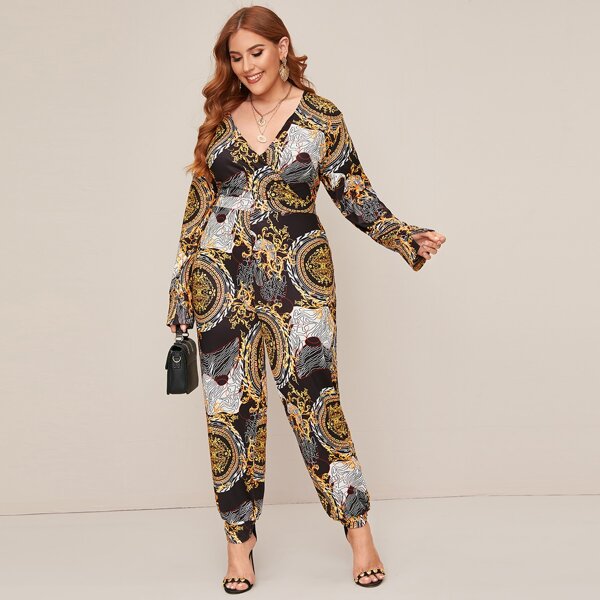 

Plus Scarf Print Surplice Wrap Tapered Jumpsuit, Multicolor