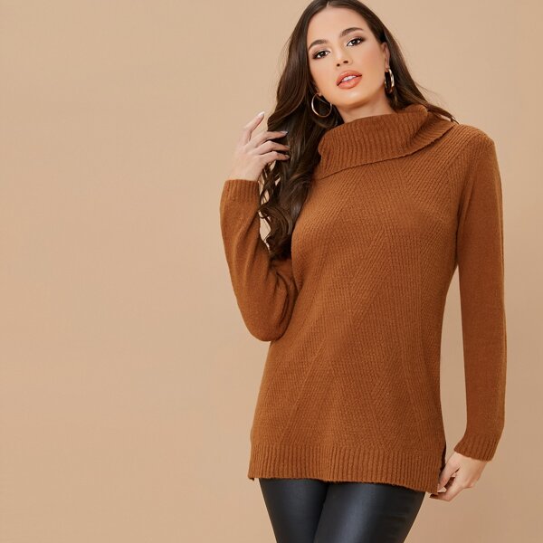 

Turtleneck Knitted Stripe Tunic Sweater, Brown