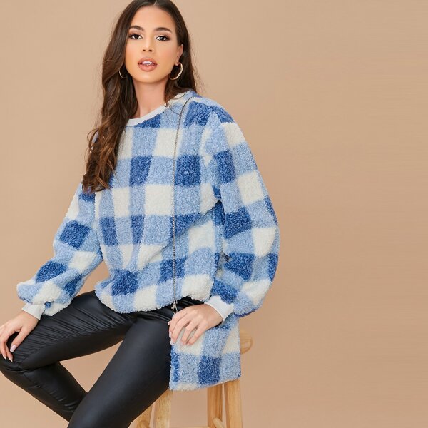 

Plaid Faux Sherpa Pullover Sweatshirt With Pouch, Multicolor