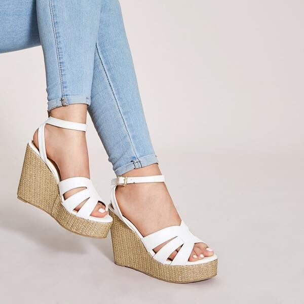 

Open Toe Ankle Strap Espadrille Wedges, White