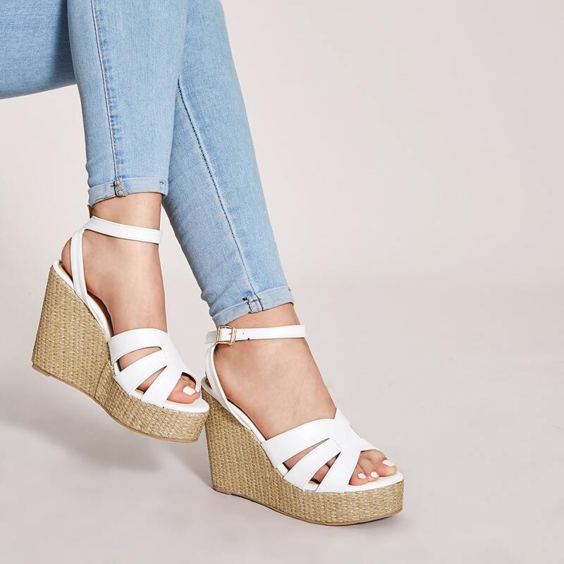 

Open Toe Ankle Strap Espadrille Wedges, White
