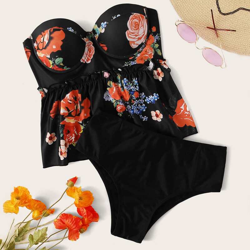 

Floral Print Underwire Bandeau Bikini Set, Black