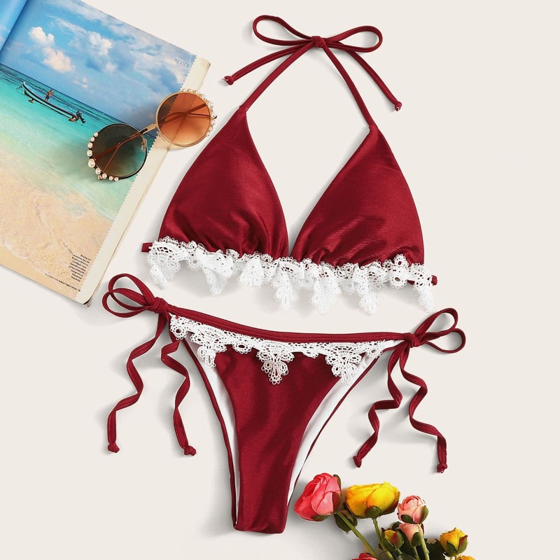 

Lace Trim Triangle Top With Tie Side Bikini Set, Burgundy