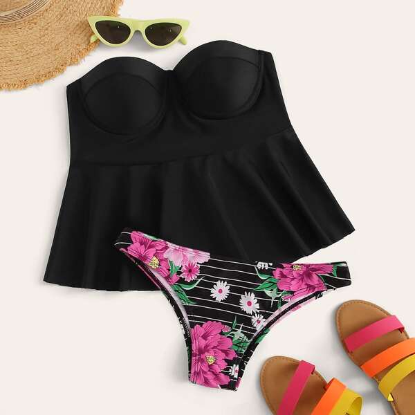 

Bandeau With Floral Panty Tankini, Multicolor