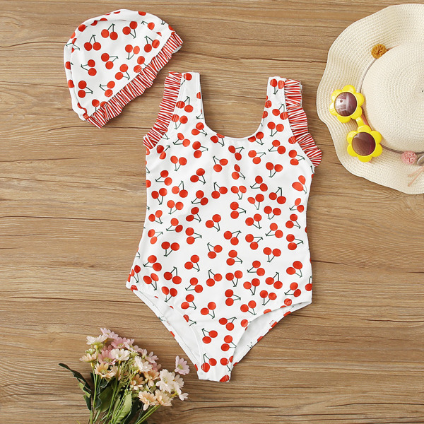 

Girls Cherry Print One Piece Swimwear & Bikini Hat, Multicolor