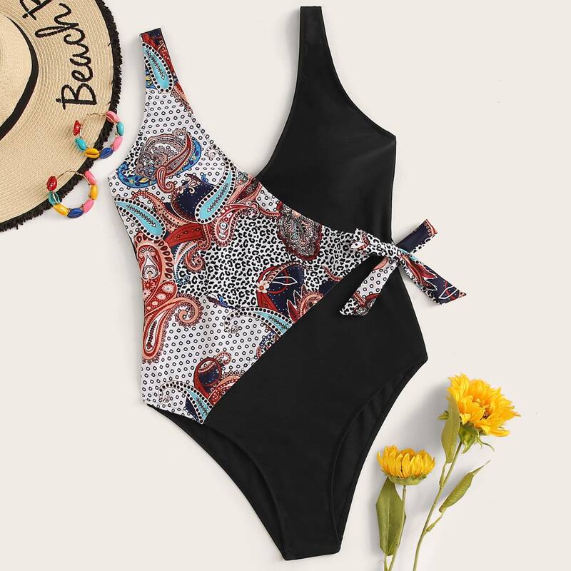 

Paisley Print Tie Waist One Piece Swimwear, Multicolor