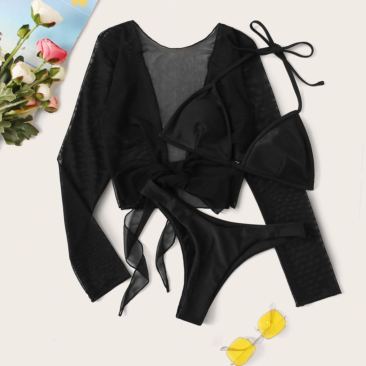 

3pack Triangle Halter Co-ord Bikini Set, Black