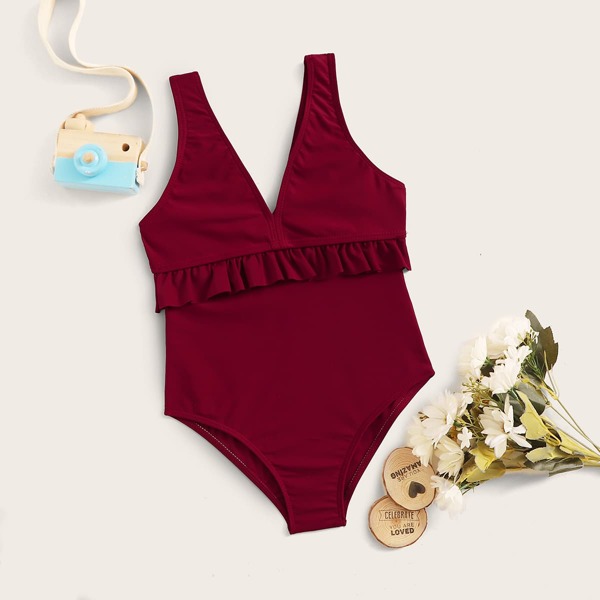 

Girls Ruffle Trim One Piece Swimwear, Burgundy