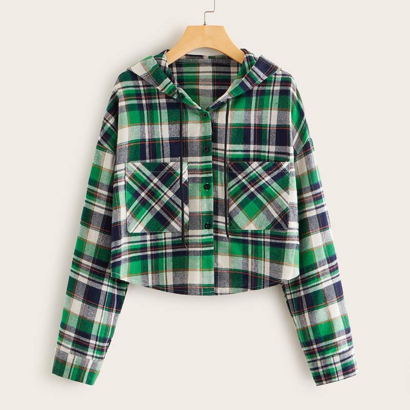 

Tartan Dual Pocket Button Up Hooded Blouse, Multicolor