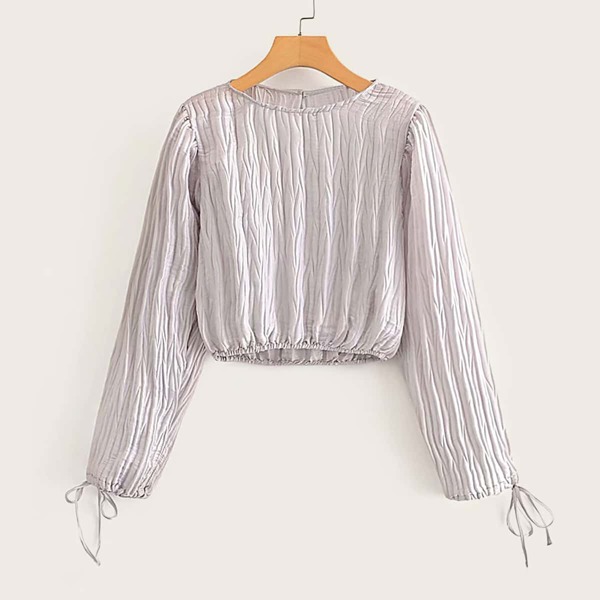 

Knotted Cuff Plisse Crop Blouse, Grey