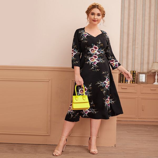 

Plus Floral Print A-line Dress, Black