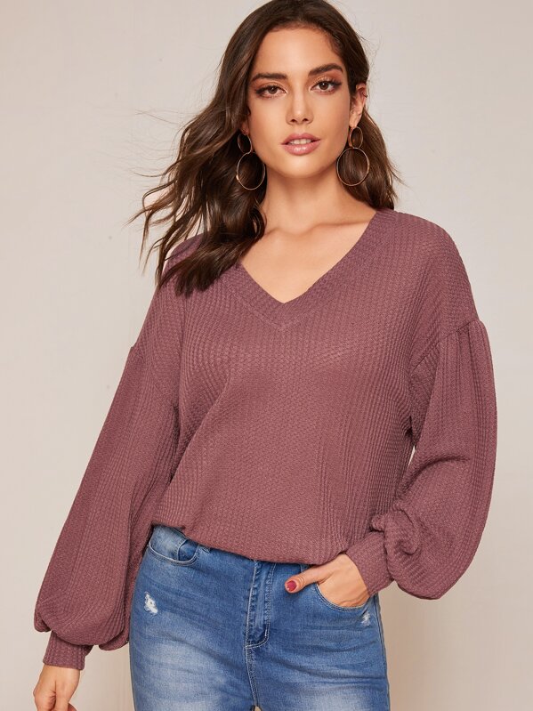 

Lantern Sleeve Waffle Knit Top, Nude, Dayannne