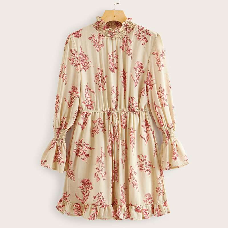 

Plants Print Flounce Sleeve Drawstring Waist Dress, Multicolor