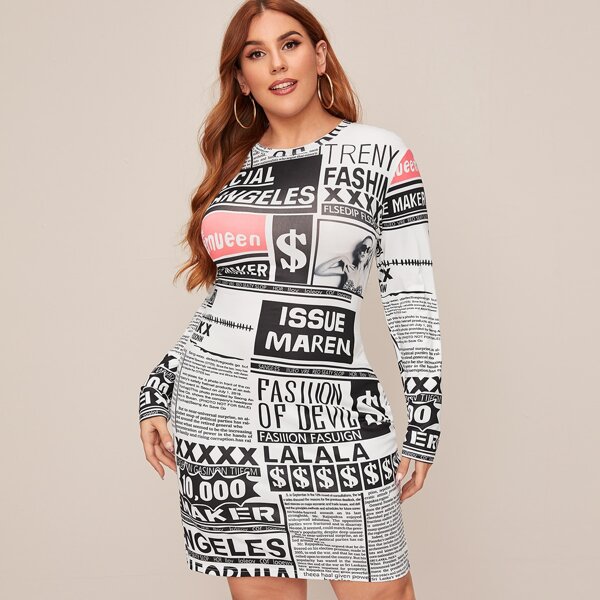 

Plus Letter Graphic Bodycon Dress, Black and white