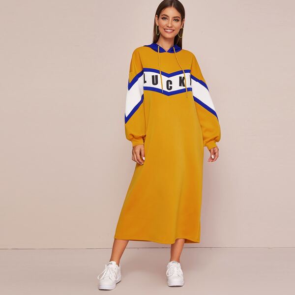 

Drawstring Detail Letter Graphic Hooded Dress, Yellow