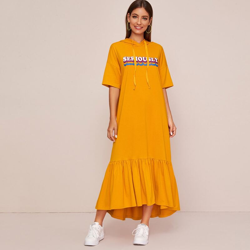 

Letter Graphic Flippy Hem Drawstring Hooded Dress, Yellow bright
