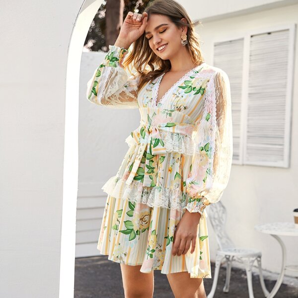 

Floral Print Contrast Lace Ruffle Belted Dress, Multicolor