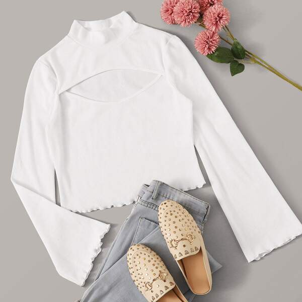 

Cutout Front Lettuce Edge Rib-knit Tee, White