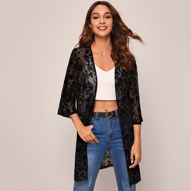

Open Front Sheer Flocked Mesh Kimono, Black