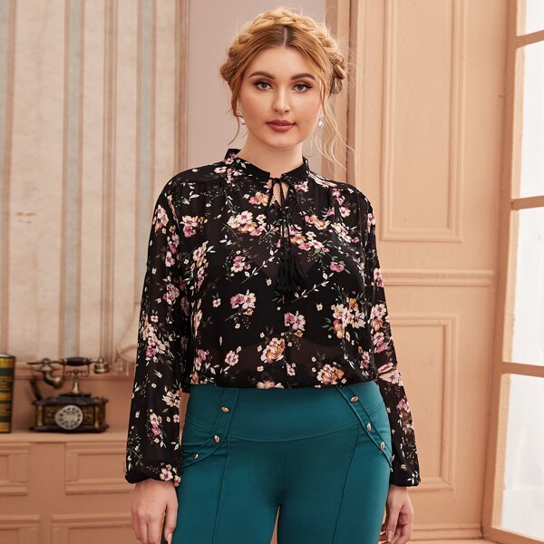 

Plus Tie Neck Floral Print Sheer Blouse, Black