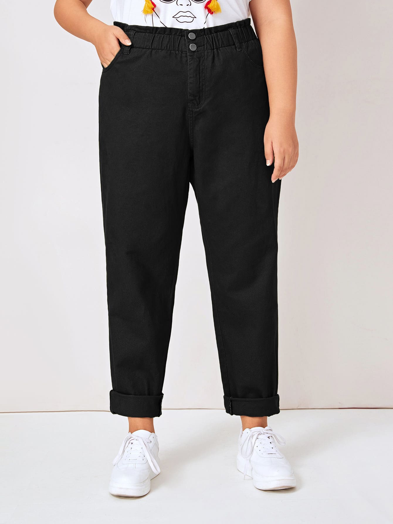 Plus Frill Waist Rolled Hem Jeans pictures