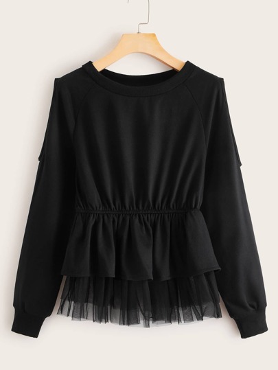 Contrast Mesh Ruffle Hem Raglan Sleeve Sweatshirt