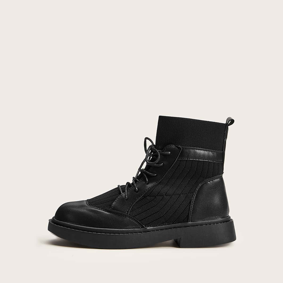 

Knit Panel Lace-up Front Ankle Boots, Black