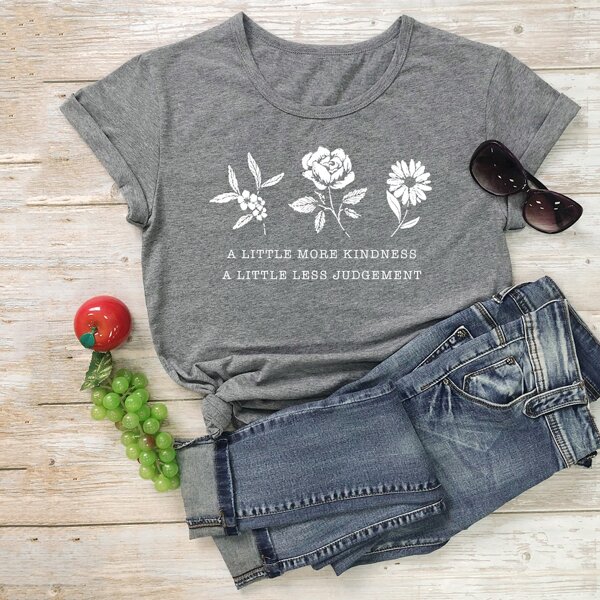 

Floral & Letter Graphic Tee, Grey