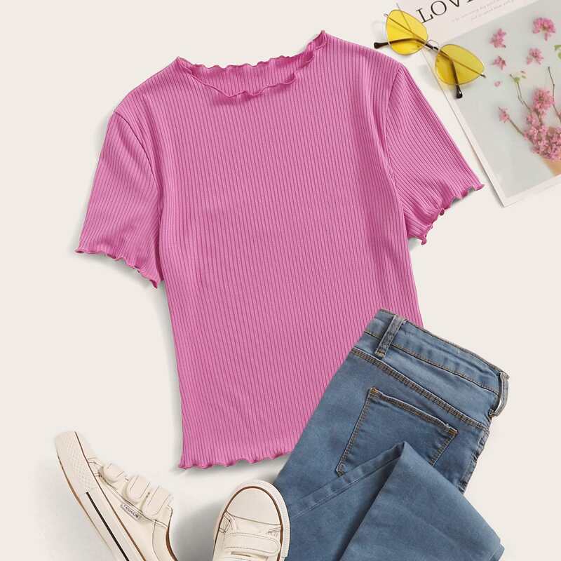 

Lettuce Trim Rib-knit Top, Pink