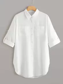 Calvaya Plus Dip Hem Pocket Shirt - White - View 5