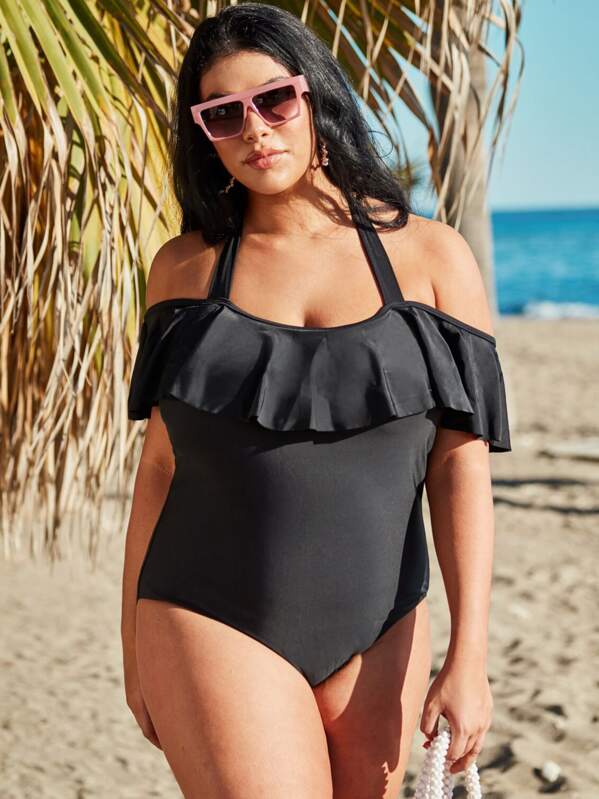

Plus Flounce Halter One Piece Swimwear, Black, Shay Zanco