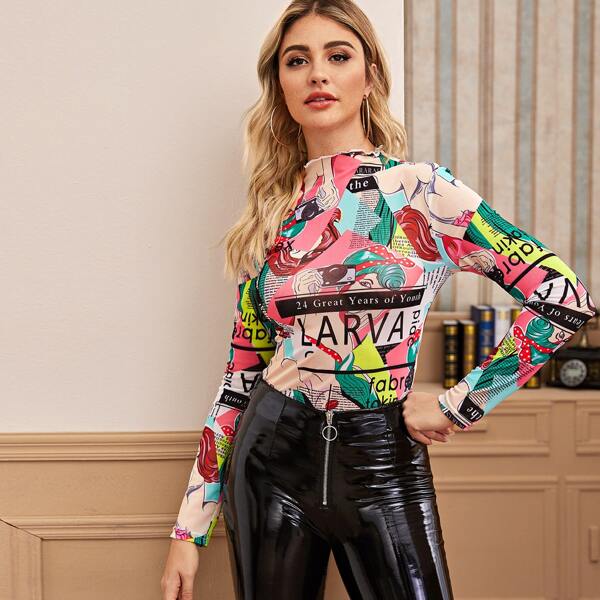 

Comic Print Lettuce Trim Top, Multicolor