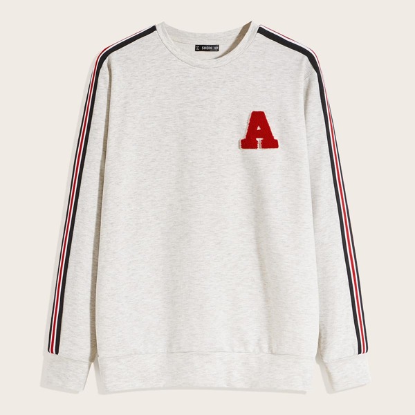 

Men Striped Tape Side Letter Patched Pullover, Grey