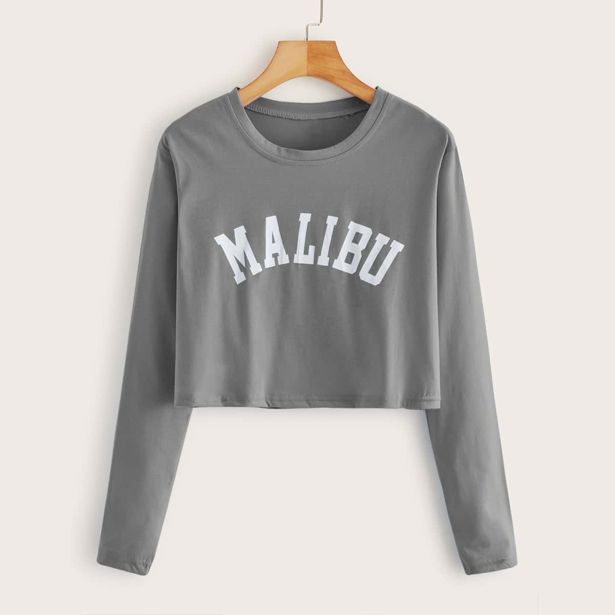 

Letter Graphic Long Sleeve Crop Tee, Grey