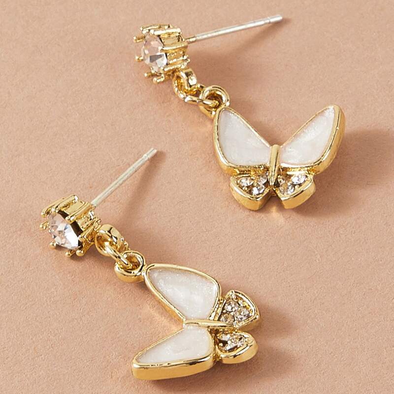 

1pair Rhinestone Engraved Butterfly Drop Earrings, Gold