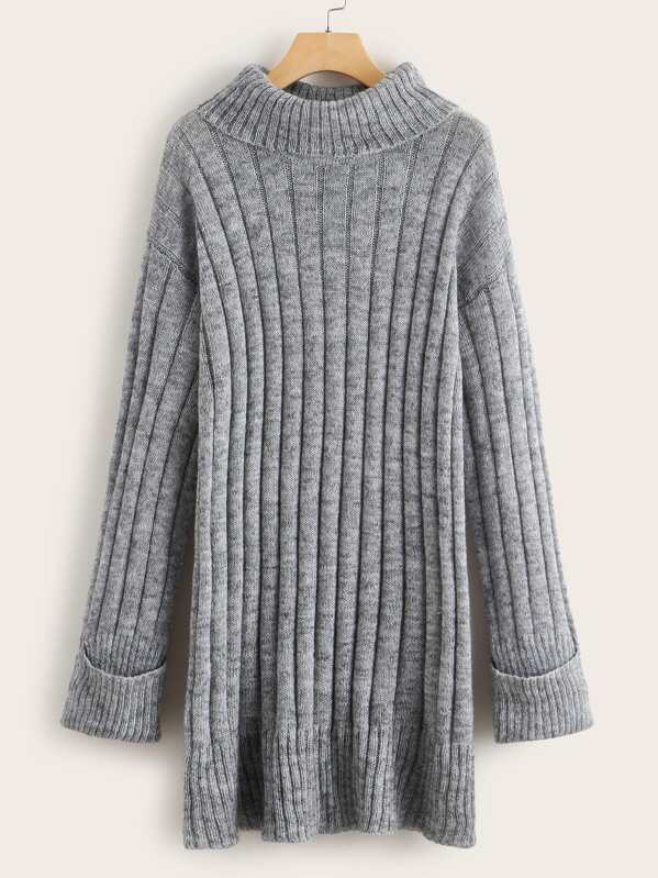 

Turtleneck Drop Shoulder Rib-knit Sweater Dress, Grey
