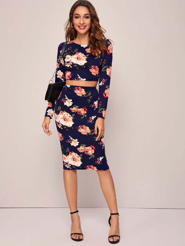 

Floral Print Crop Top & Pencil Skirt Set, Navy, Gabi B