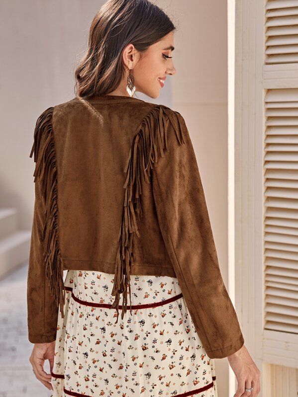 

Open Front Fringe Detail Suede Jacket, Brown, JULIAk