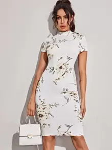 SHEIN Mock-neck Floral Print Midi Pencil Dress - White - View 1