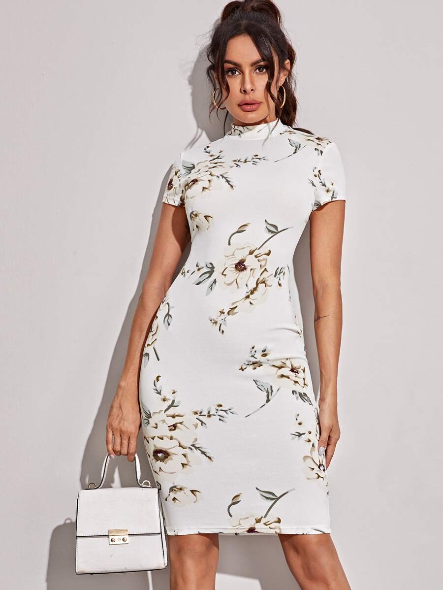 SHEIN Mock-neck Floral Print Midi Pencil Dress - White - View 1