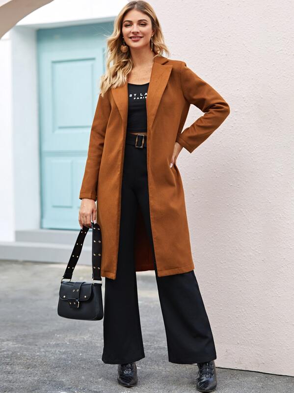 

Open Front Lapel Collar Solid Coat, Brown, Nathane