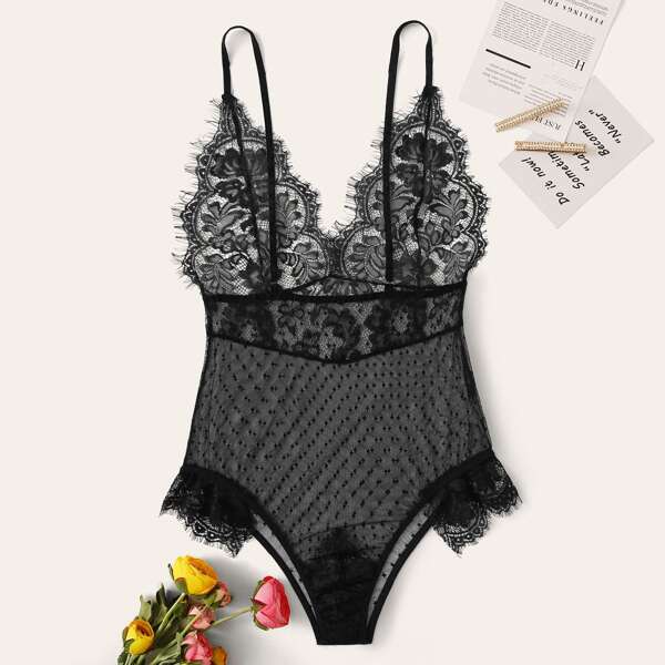 

Floral Lace Sheer Teddy Bodysuit, Black