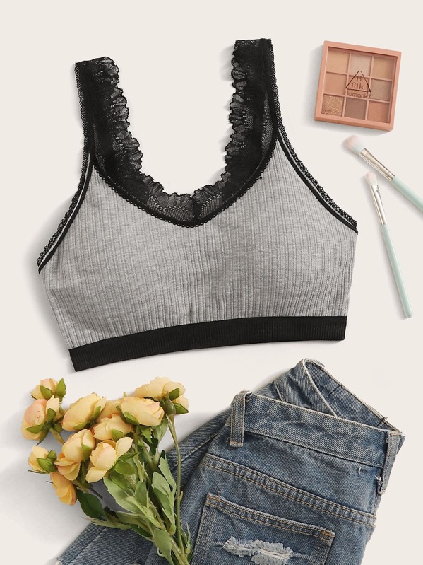 

Lace Trim V-cut Back Bralette, Grey