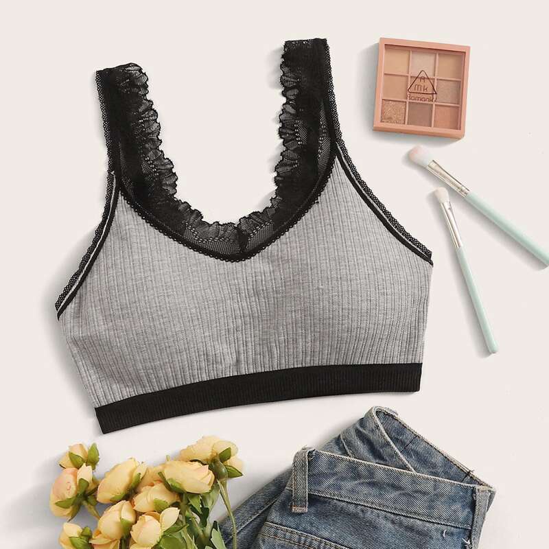 

Lace Trim V-cut Back Bralette, Grey