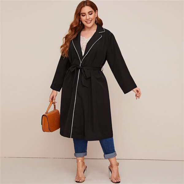 

Plus Contrast Binding Belted Trench Coat, Black