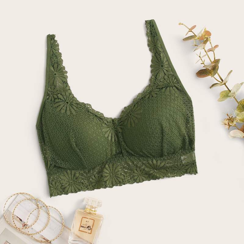 

Floral Lace Wireless Bralette, Army green