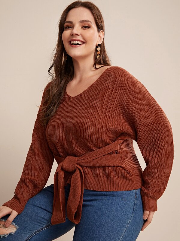 

Plus Drop Shoulder Self Belted Sweater, Brown, Ella